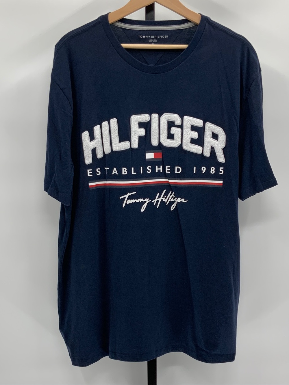 Tommy Hilfiger Navy Blue Logo Graphic Tee with White & Red Accents